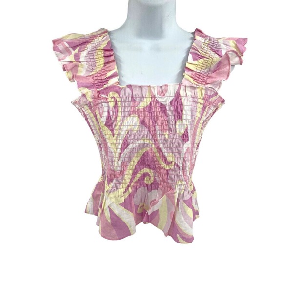 HILL HOUSE The Paz Linen Top Candy Kaleidoscopic Size S Pink Yellow Cottagecore - Picture 4 of 10